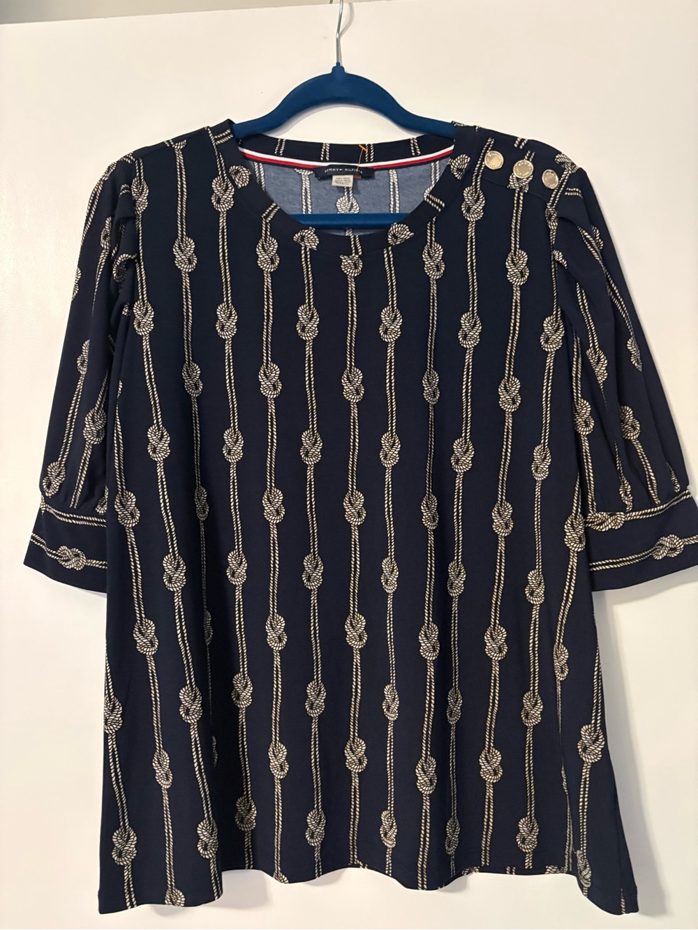 Tommy Hilfiger Navy 3/4 -Sleeve Knot-Print Shift Blouse with  Shoulder Buttons